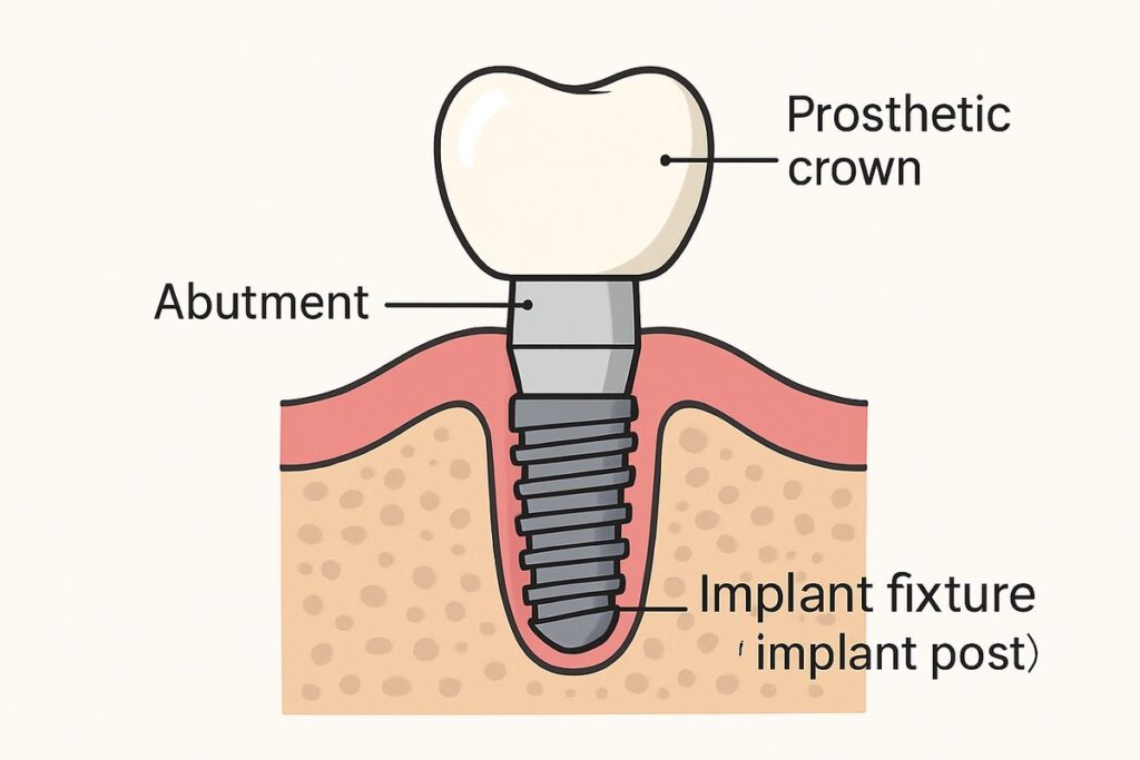 Diagram of a tooth implant, with labels clearly pointing to the abutment, fixture/implant post, and prosthetic crown. No text on image.