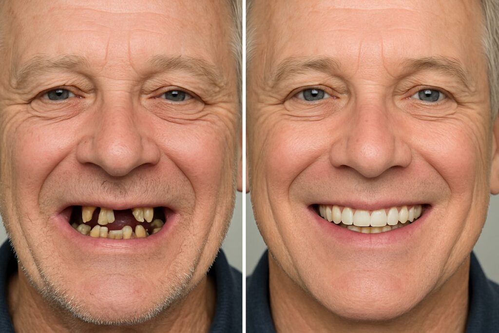 A before and after image of a patient that has undergone an All-On-4 dental implant procedure. The image will clearly show the transformation from missing or damaged teeth to a full set of functional, natural-looking teeth. No text on the image.