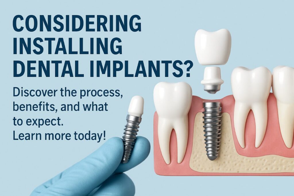 A dentist is carefully installing a dental implant into a patient's jaw, showcasing the precision and care involved in the procedure. No text on the image.